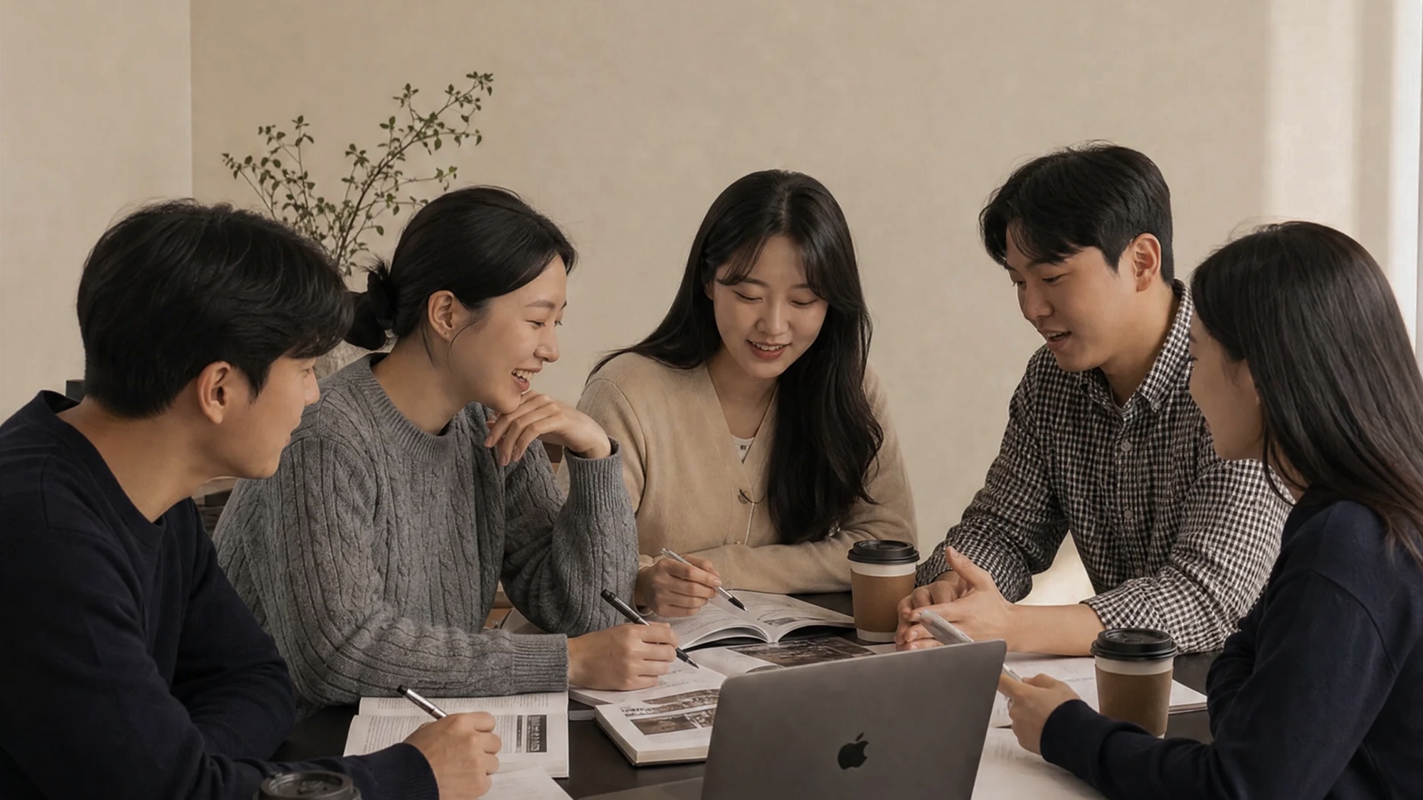 테이블에 둘러앉아 자료를 함께 보며 이야기하는 STEES 멤버들